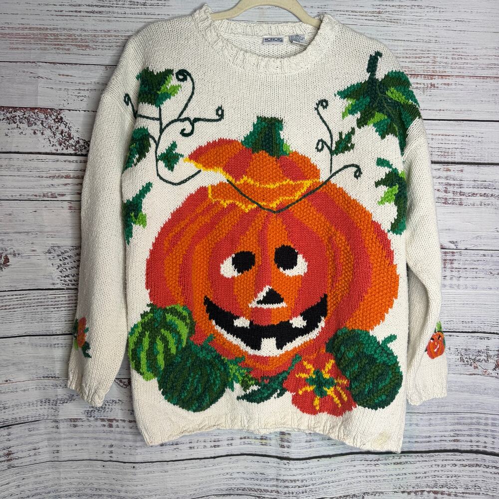 Vintage Honors Pumpkin Halloween Sweater Womens M Jack O Lantern Novelty Knit